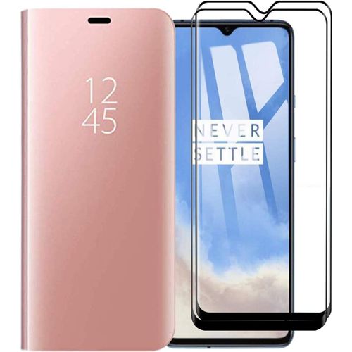 Coque Miroir Flip Pour Oneplus 7t Avec Verre Trempé - Ultra Mince Anti-Choc, Support Intégré, Réveil Intelligent, Double Couche Tpu + 2 Protecteurs D'écran, Rose Doré