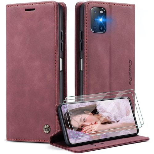 Coque Oneplus 8t Portefeuille Pu Cuir Magnétique Avec Verre Trempé 2 Pièces - Protection Flip Écran Intégrale - Rouge