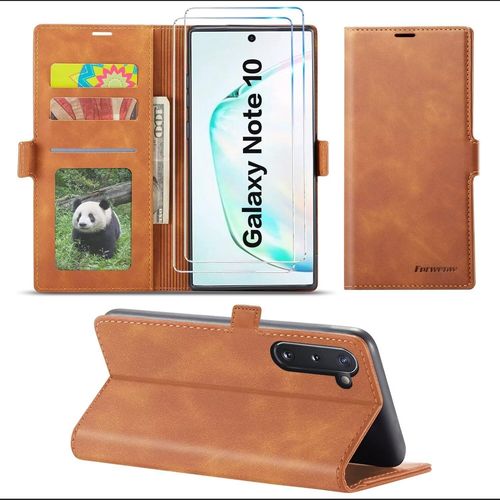 Coque Portefeuille Magnétique Pour Samsung Galaxy Note10 Avec Verre Trempé, Support Réglable Et Protection Antichoc - Jaune