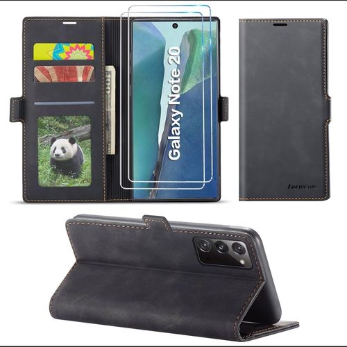 Coque Portefeuille Magnétique Pour Samsung Galaxy Note20 Avec 2 Verres Trempés, Support Réglable, 3 Emplacements Carte, Protection Anti-Choc Et Bords Surélevés - Noir