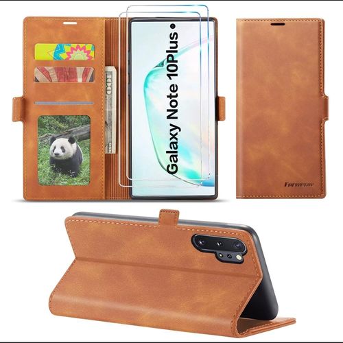 Coque Portefeuille Magnétique Pour Samsung Galaxy Note10 Plus Avec Support Réglable, 3 Emplacements Cartes, Protection Anti-Chocs Et Verre Trempé - Jaune