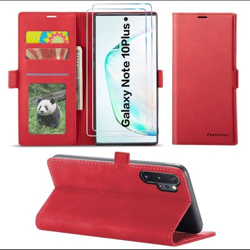 Coque Portefeuille Magnétique Pour Samsung Galaxy Note10 Plus Avec Support Intégré, 3 Emplacements Carte + Verre Trempé Inclus - Protection Anti-Choc Et Bords Surélevés - Rouge