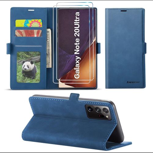 Coque Portefeuille Magnétique Pour Samsung Galaxy Note20 Ultra Avec Support Intégré, 3 Emplacements Cartes + Porte-Monnaie, Protection Anti-Choc Avec 2 Verres Trempés - Bleu