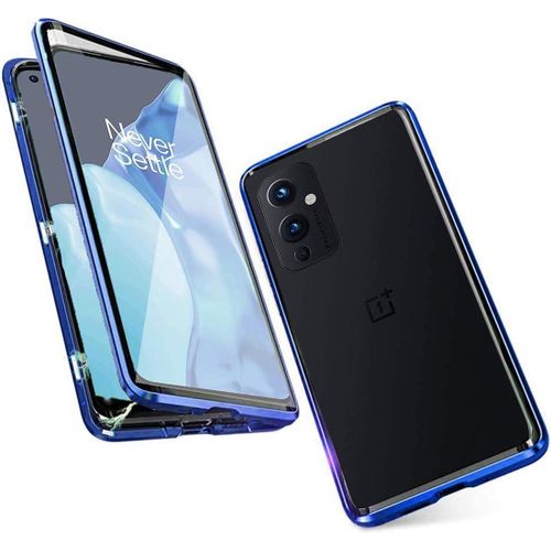 Coque Oneplus 9 5g Verre Trempé 9h 360° Avec Cadre Métallique Aimanté Protection Anti-Choc Anti-Rayures Transparente Bleu