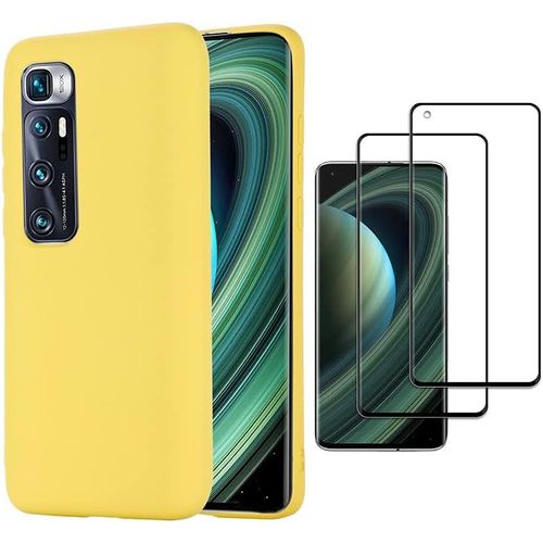 Coque Silicone Liquide Antichoc Pour Xiaomi Mi 10 Ultra Avec 2 Écrans Trempés, Tpu Souple Découpe Précise Protection Complète - Jaune
