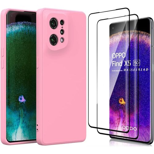 Coque Silicone Anti-Choc Pour Oppo Find X5 Avec 2 Verres Trempés Renforcés - Protection Complète, Design Ergonomique, Rose