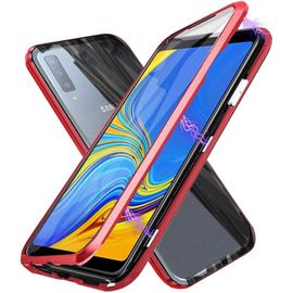 Coque Samsung Galaxy A7 2018 A750 - Cadre Magnétique Métal, Verre Trempé Avant/Arrière, Protection Anti-Choc 360°, Design Ultra-Léger Compatible Charge Sans Fil - Rouge