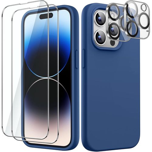 Coque Silicone 3 En 1 Pour Iphone 14 Pro Avec Protection Écran Verre Trempé 9h Et Objectif Hd, Housse Antichoc Doublure Microfibre, Compatible Chargeur Sans Fil