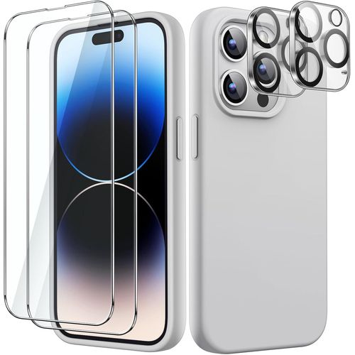 Coque Silicone 5 En 1 Pour Iphone 14 Pro 6,1"" Avec Verre Trempé 9h Et Protecteur Caméra, Housse Antichoc Doublure Microfibre - Compatible Chargeur Sans Fil (Argent)