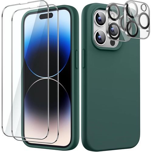Coque Silicone 5 En 1 Pour Iphone 14 Pro 6,1"" Avec Film Verre Trempé 9h, Protection Écran + Caméra Arrière, Housse Antichoc Et Compatible Chargeur Sans Fil - Vert Nuit