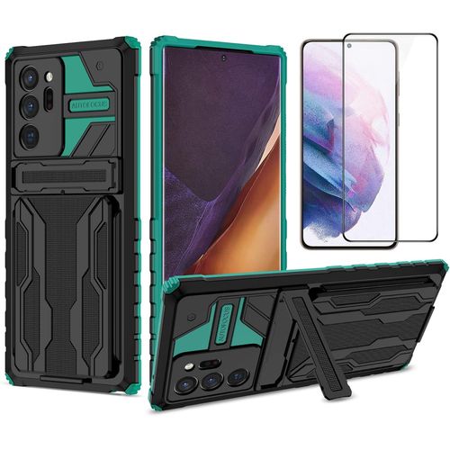 Coque Samsung Galaxy Note20 Ultra 2020 Avec Verre Trempé, Double Protection Tpu/Pc, Support Intégré & 3 Fentes Cartes - Découpes Précises Violet