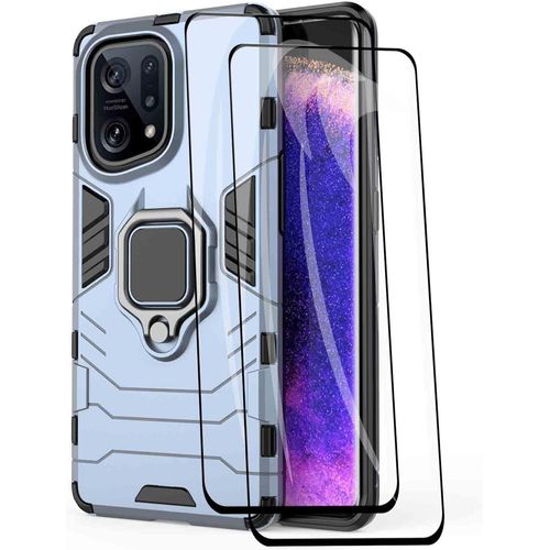 Coque Protectrice Oppo Find X5 Avec Anneau Rotatif 360°, Double Couche Tpu/Pc Antichoc Et Support Magnétique Voiture - Bleu