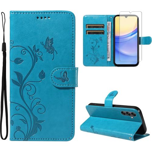 Coque Samsung Galaxy A15 4g/5g Avec Verre Trempé Antimicrobien, Housse Portefeuille Magnétique Pu Cuir À Rabat Flip Avec Support Et 3 Fentes Cartes - Bleu Motif Papillon