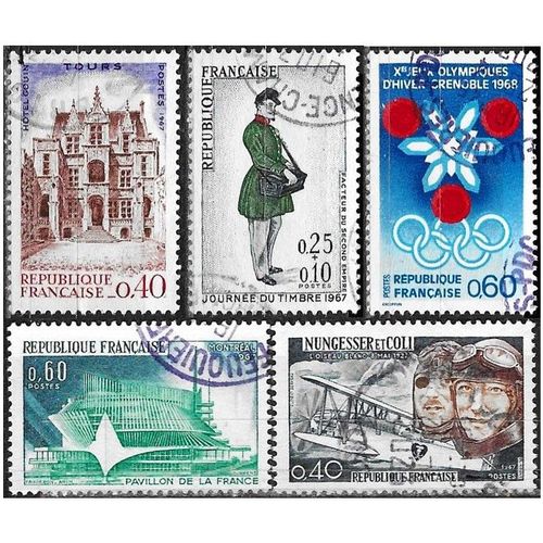 France 1967, Beaux Timbres Yvert 1516 Journée Du Timbre, Facteur, 1519 Expo Internationale De Montréal, 1520 J.O. De Grenoble, 1523 Nungesser Et Coli Et 1525 Congrès Philatélique À Tours, Oblit. Tbe.