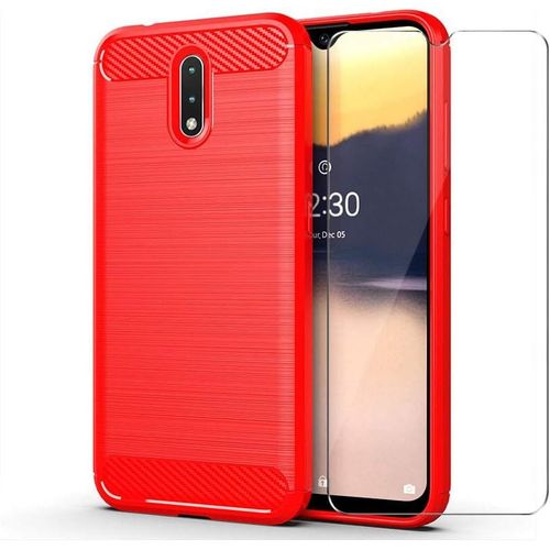 Coque Silicone Tpu Souple Avec Fibre De Carbone Pour Nokia 2.3 - Housse Anti-Chocs + Verre Trempé Anti-Rayures Transparent - Rouge (Étui + Protection Écran)
