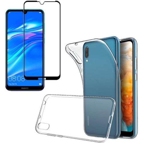 Coque Silicone Transparente Anti-Choc Avec Verre Trempé Bord Noir Pour Huawei Y6/Pro/Prime 2019 - Kit 2 En 1 Protection Écran Anti-Rayures/Empreintes + Lingettes