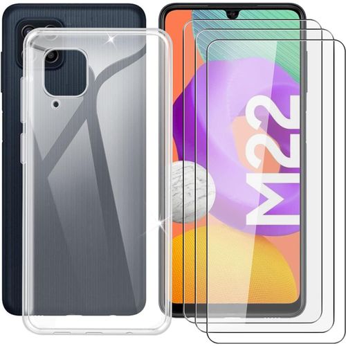 Coque Transparente + 3 Films Verre Trempé pour Samsung Galaxy M22 6.40 Pouces - Housse TPU Anti-Dérapante, Protection Écran HD Anti-Rayures, Installation Facile