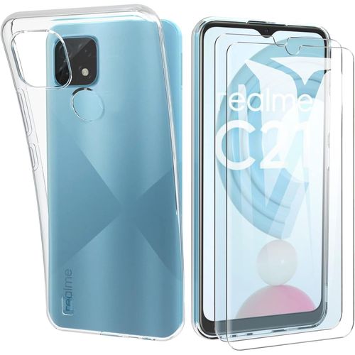 Coque Tpu Ultra Mince Avec Verre Trempé 9h Pour Realme C21 - Protection Caméra Et Écran, Lot De 2, Transparent