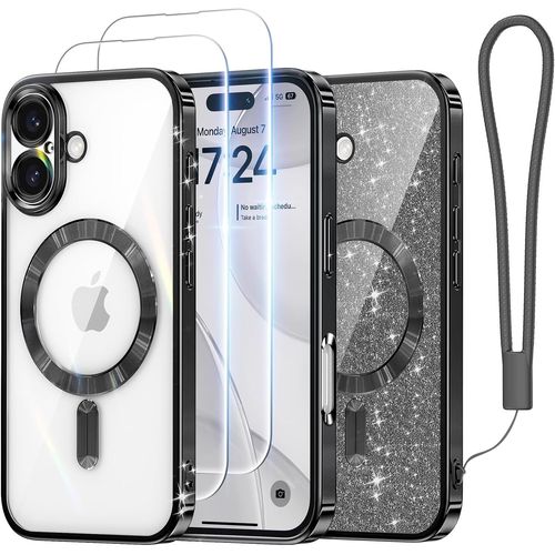Coque Transparente Magnétique Pour Iphone 16 6,1"" Avec Revêtement Métallisé, Protection Caméra Surélevée, 2 Films Écran, Carte Pailletée Et Dragonne - Noir Titane (Compatibilité Magsafe 20w)
