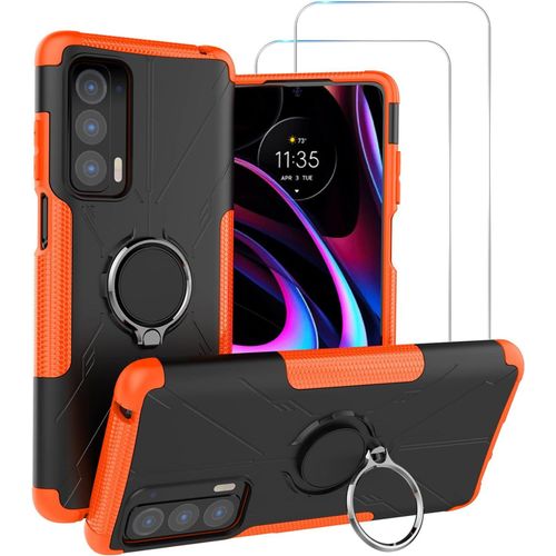 Étui De Protection Antichoc 2 En 1 Tpu/Pc Pour Motorola Edge 2021 Avec Support Rotatif 360°, Magnétique Et 2 Verres Trempés 9h Anti-Rayures - Orange