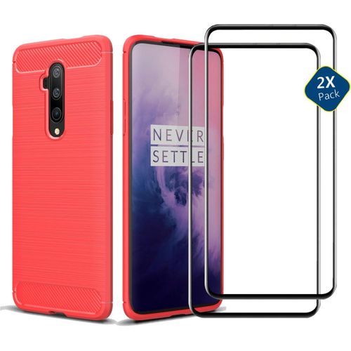 Étui De Protection Anti-Choc Avec 2 Films En Verre Trempé 9h Pour Oneplus 7t Pro 5g Mclaren - Haute Transparence 99%, Bord 5d, Auto-Adsorption, Texture Anti-Glisse - Rouge