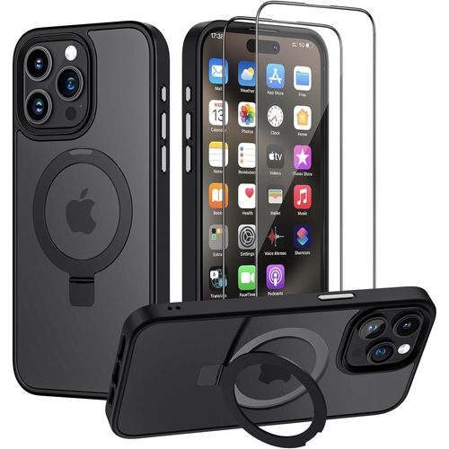 Étui De Protection Iphone 15 Pro Max Militaire Antichoc Avec Support Magnétique Intégré Et 2 Verres Trempés - Compatible Magsafe - Noir Mat