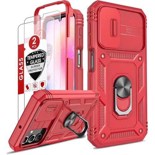 Étui De Protection Coque Pour Samsung Galaxy A25 5g - Anti-Choc Tpu Souple + Pc Dur Avec Protection Caméra Renforcée, 2 Verres Trempés Et Anneau Support Inclus - Rouge