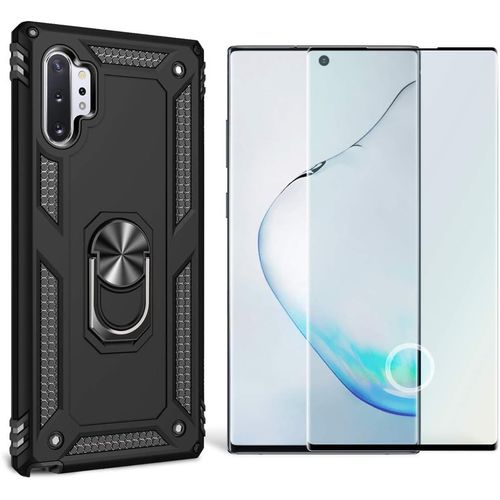 Étui De Protection Pour Samsung Galaxy Note10/10+/5g Avec Verre Trempé 9h, Anneau Rotatif 360°, Support Magnétique Voiture Et Socle Intégré - Coque Rigide Noir