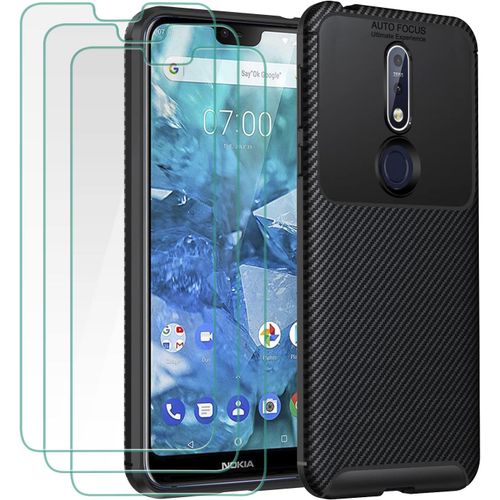 Étui De Protection Compatible Nokia 7.1 Avec Verre Trempé 9h - Coque Anti-Choc En Fibre De Carbone Noir, Tpu Souple, Protection Contre Les Chutes Et Rayures (Inclus 3 Écrans)
