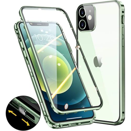 Étui De Protection Magnétique Anti-Séparé Pour Iphone 12 6.1 Pouces - Coque Avant/Arrière En Verre Trempé Avec Cadre Aluminium Cnc 360° - Vert Clair