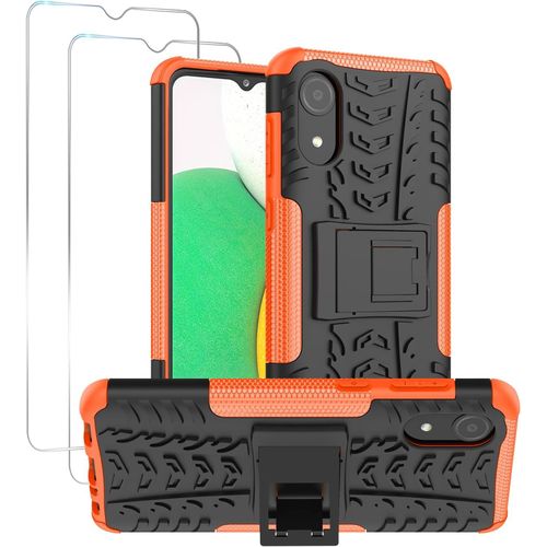 Étui De Protection Double Couche Anti-Rayures Et Antichoc Pour Samsung Galaxy A03 Core Avec Support Intégré Et 2 Films En Verre Trempé 9h - Design Anti-Glisse - Orange