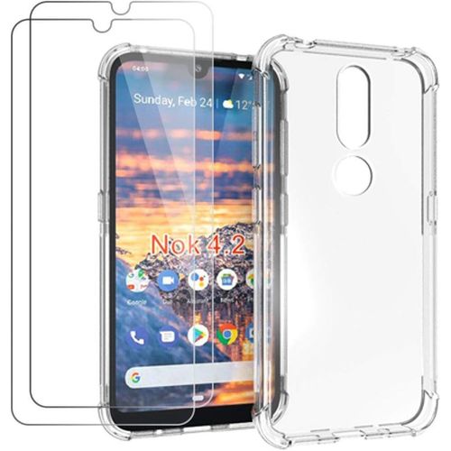 Étui De Protection Pour Nokia 4.2 2019 (5.71"") Avec 2 Verres Trempés - Coque Silicone Tpu Transparente Ultra-Mince, Renforcement Aux 4 Coins, Antichoc Et Anti-Rayures