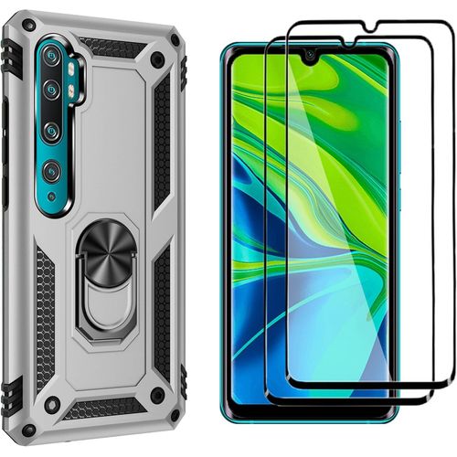 Étui De Protection Xiaomi Mi Note 10/Pro Avec 2 Verres Trempés, Support Magnétique 360°, Double Couche Tpu Souple + Pc Antichoc - Argent (Compatible Modèles 2023)