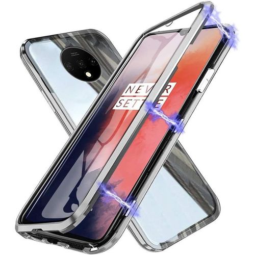 Étui Magnétique Pour Oneplus 7t Avec Cadre Aluminium, Verre Trempé Et Fermeture Aimantée - Protection 360° - Style Minimaliste Argent