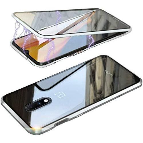 Étui Magnétique Premium Pour Oneplus 8 Avec Verre Trempé Intégré - Cadre Aluminium Antichoc, Adsorption Automatique Et Design Personnalisable - Argent
