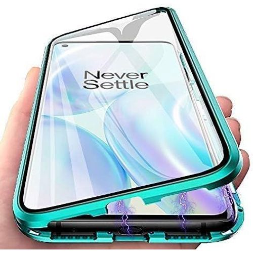 Étui Magnétique Transparent Pour Oneplus 8 Avec Double Verre Trempé, Cadre Métallique Antichoc Et Protection 360° - Vert