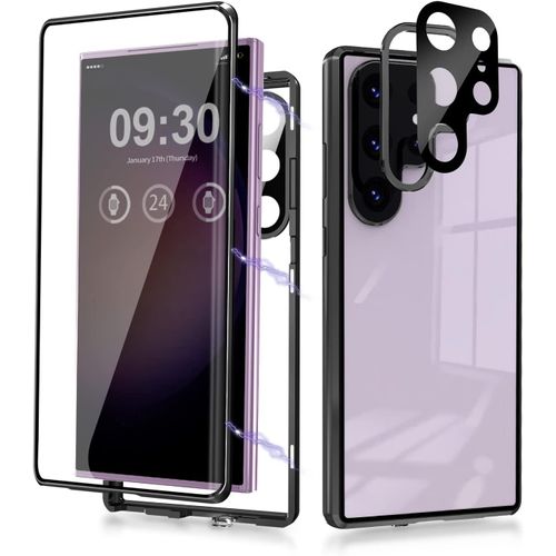 Étui Magnétique 360° Pour Samsung Galaxy S23 Ultra - Double Verre Trempé Transparent, Cadre Métallique Antichoc, Protection Caméra Renforcée - Noir