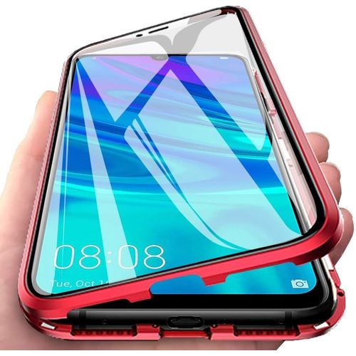 Étui Magnétique Huawei P Smart Z - Coque Verre Trempé 9h Avant/Arrière, Cadre Métal Antichoc 360°, Ultra Mince Compatible Chargeur Sans Fil - Rouge