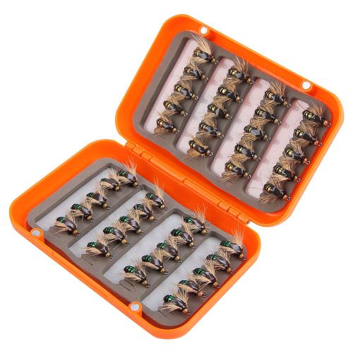 Lot De 40 Mouches De Peche A La Mouche Realistes, Leurres Pour Truite, Hamecons, Boite Doree Et Verte