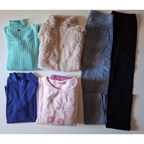 Lot Vêtements Fille - 12 Ans - Automne Hiver - 1 Tee-Shirt Manches Longues, 1 Pull, 1 Gilet Moumoute, 2 Legging, 1 Pyjama Polaire