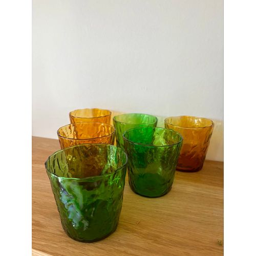 Vintage Lot De 6 Verres Fabrication Italienne Effet Texturé Couleur Vert Et Ambre