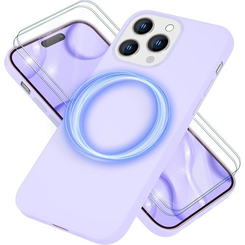 Étui Silicone Magnétique 3-En-1 Pour Iphone 14 Pro Avec 2 Verres Trempés | Compatible Magsafe, Antichoc, Anti-Traces, Surface Facile À Nettoyer - Lilas