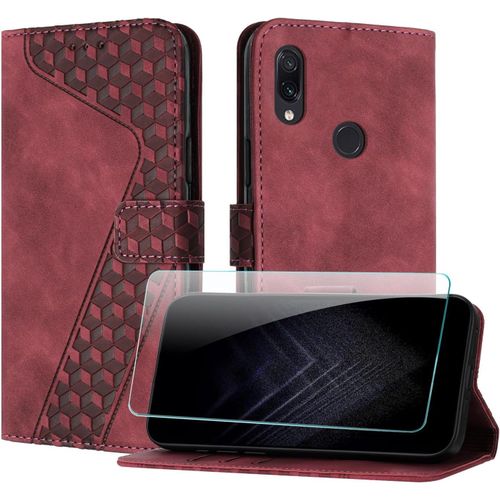 Étui Portefeuille Magnétique Compatible Xiaomi Redmi Note 7/Pro - Porte-Cartes, Support Intégré & Film De Protection Inclus - Rouge Cuir Pu
