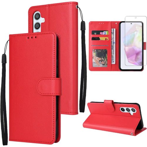 Étui Portefeuille Magnétique Pour Samsung Galaxy A35 5g Avec Verre Trempé, Support Intégré Et Porte-Cartes ¿ Simili Cuir Rouge