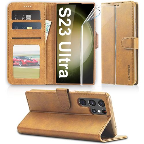 Étui Portefeuille En Cuir Synthétique Pour Samsung Galaxy S23 Ultra Avec Support Pliable, 3 Emplacements Cartes, Protection Anti-Choc Et Fermeture Magnétique - Noir