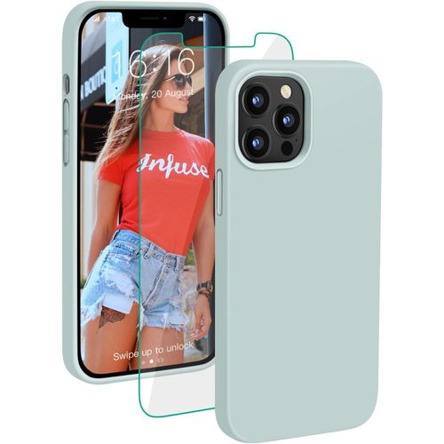 Étui Silicone Liquide Anti-Choc Pour Iphone 12 Pro Max 6.7"" - Protection 3 Couches, Anti-Empreintes Et Verre Trempé Inclus, Couleur Durable (Turquoise)