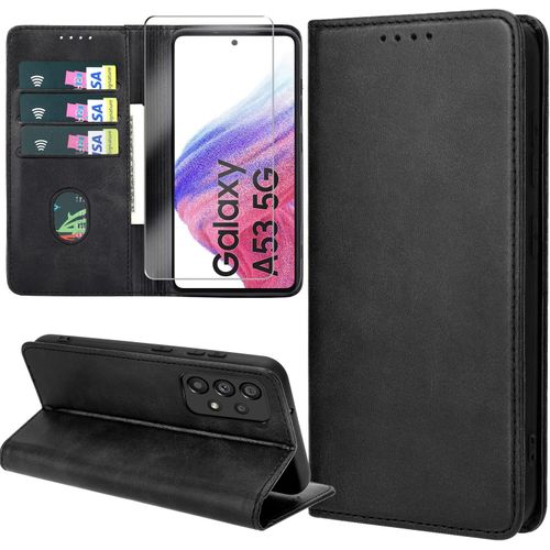 Étui Portefeuille Flip En Cuir Pu Compatible Samsung Galaxy A53 5g Avec Support Intégré, 3 Emplacements Cartes, Fermeture Magnétique Et Protection Antichoc - Noir
