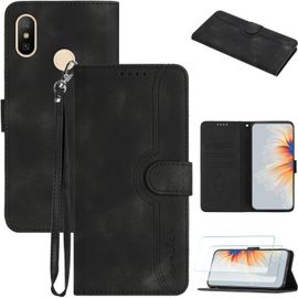 Étui Portefeuille En Cuir Premium Pour Xiaomi Redmi S2 Avec 3 Emplacements Cartes, Support Réglable Et 2 Protections Écran - Noir