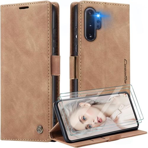 Étui Portefeuille Magnétique Pour Samsung Galaxy Note10 Plus Avec Support Intégré, Protection Anti-Choc Et 2 Verres Trempés Inclus - Marron