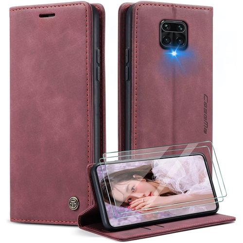 Étui Portefeuille Magnétique Pour Xiaomi Redmi Note 9s/9 Pro - Coque En Cuir Pu Avec Support Intégré, 2 Verres Trempés, Protection Antichoc - Rouge